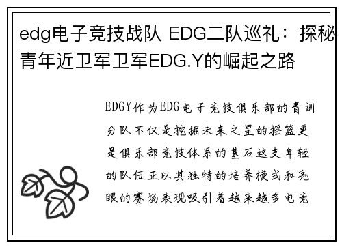 edg电子竞技战队 EDG二队巡礼：探秘青年近卫军卫军EDG.Y的崛起之路
